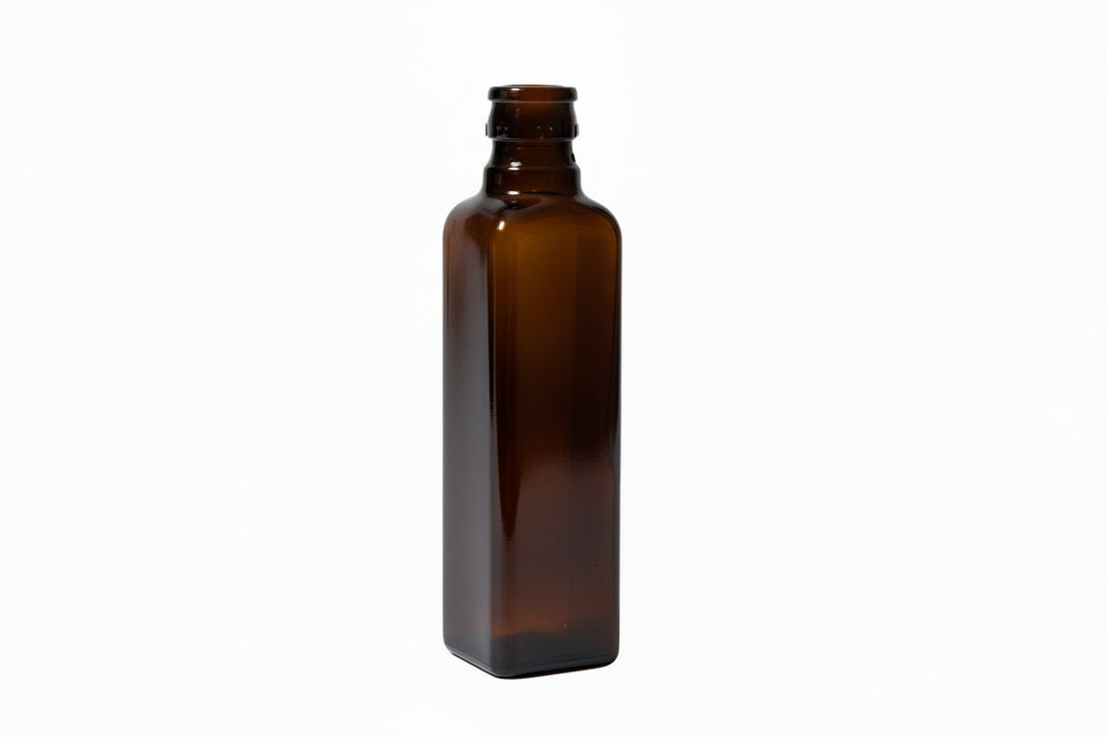 Botella de vidrio marrón Marasca de 250 ml con forma cuadrada, ideal para envasar aceites o líquidos.
