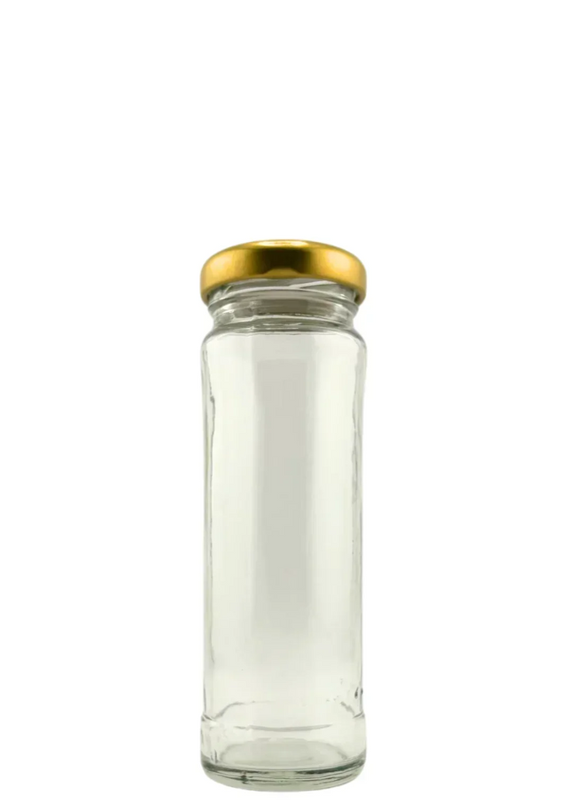 Tarro de vidrio cilíndrico de 3.5 litros con tapa dorada para envases y conservas.