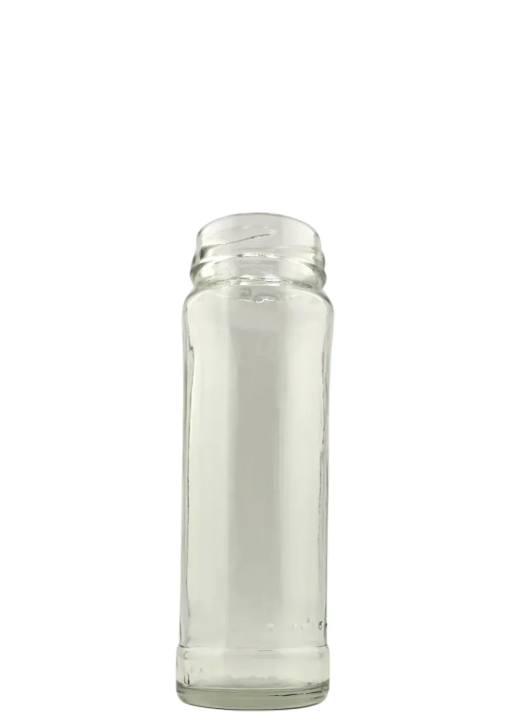 Tarro de vidrio transparente alto, ideal para envasado y conservación de alimentos.