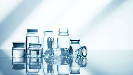 assorted glass jars and bottles in soft daylight on a clean reflective surface