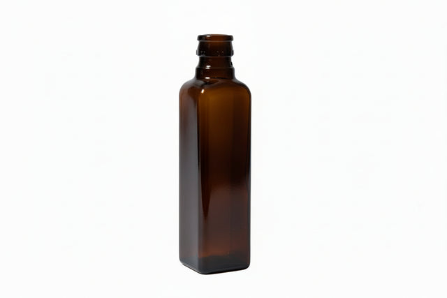 Botella de vidrio marrón Marasca de 250 ml con forma cuadrada, ideal para envasar aceites o líquidos.