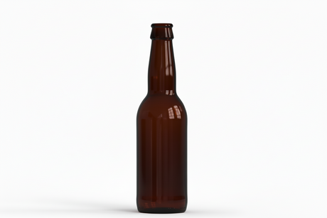 Amber glass long neck bottle 33cl for beverages, isolated on white background