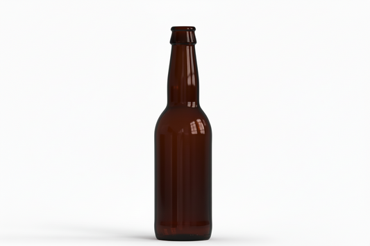 Amber glass long neck bottle 33cl for beverages, isolated on white background