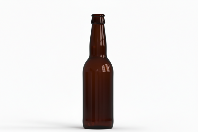 Amber glass long neck bottle 33cl for beverages, isolated on white background